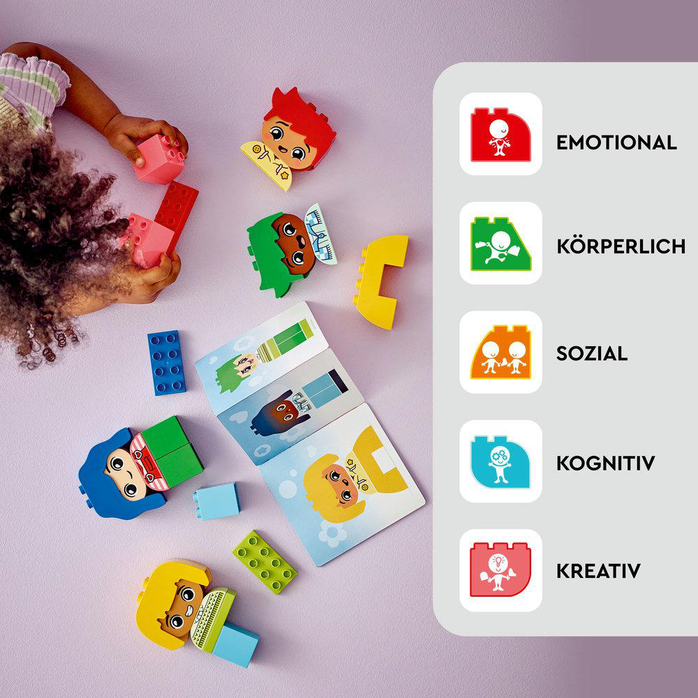 Lego Duplo Set mit Blöcken und Figuren mit verschiedenen Emotionen. Diagramme mit Emotionen.