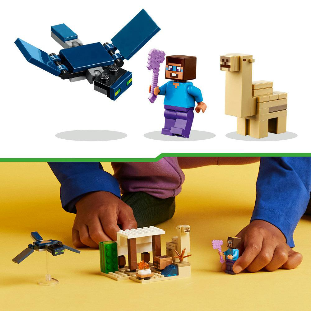 Lego Minecraft Set. Enthält Figuren, eine fliegende Kreatur und eine kleine Bauszene.