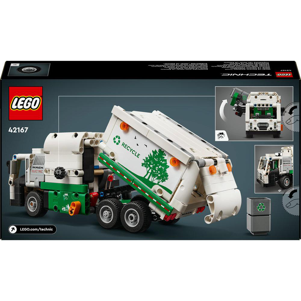 Die Rückseite eines LEGO-Müllwagens mit einer Recycling-Grafik.