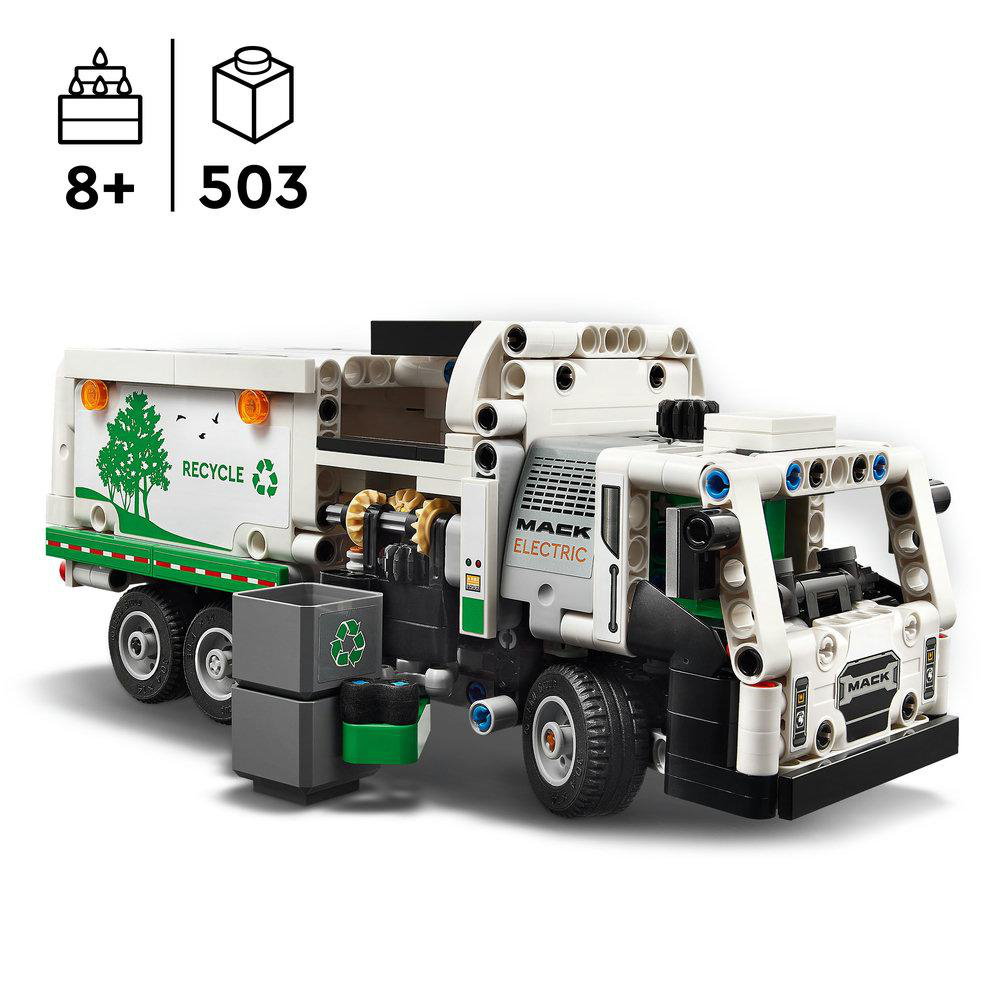 Lego Mack Elektro-Müllwagen, weiß und grün, auf weißem Hintergrund.
