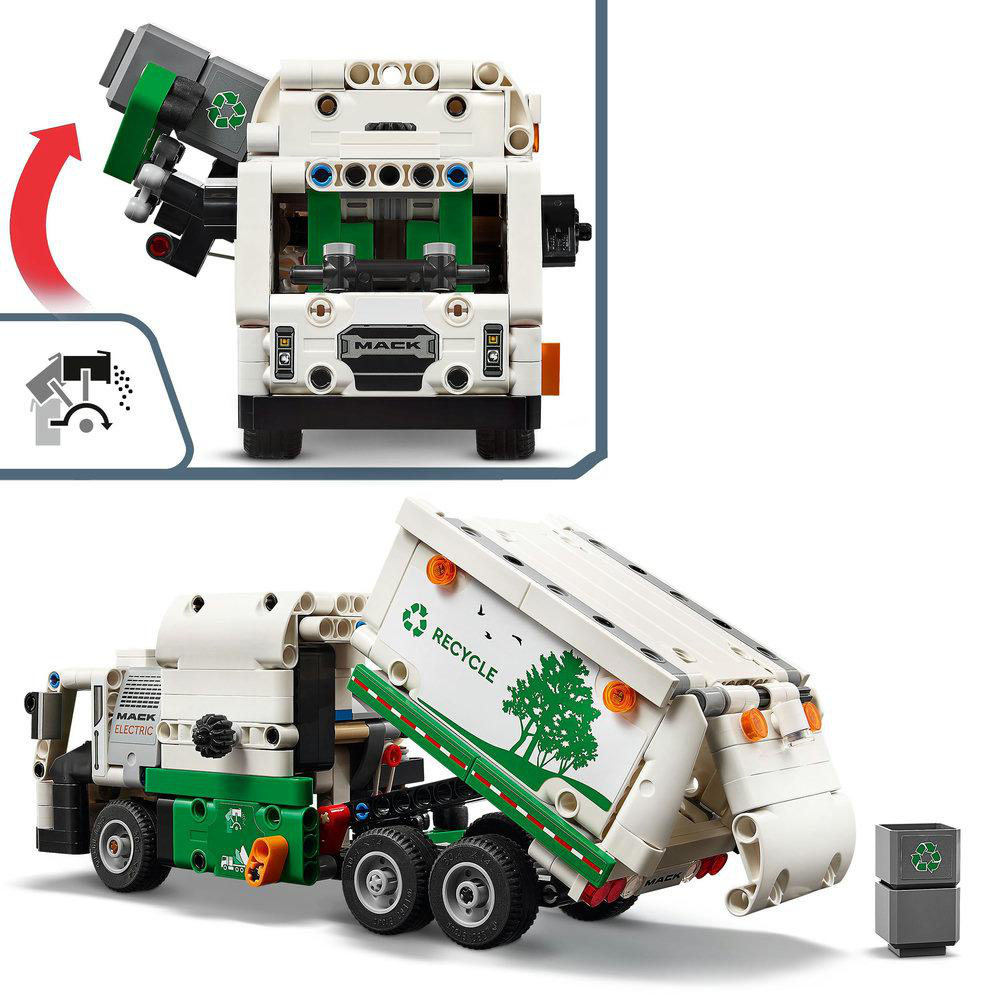 LEGO Mack Electric Müllwagen, weiß und grün. LKW hebt sich, mit Recycling-Symbol und Text an der Seite.