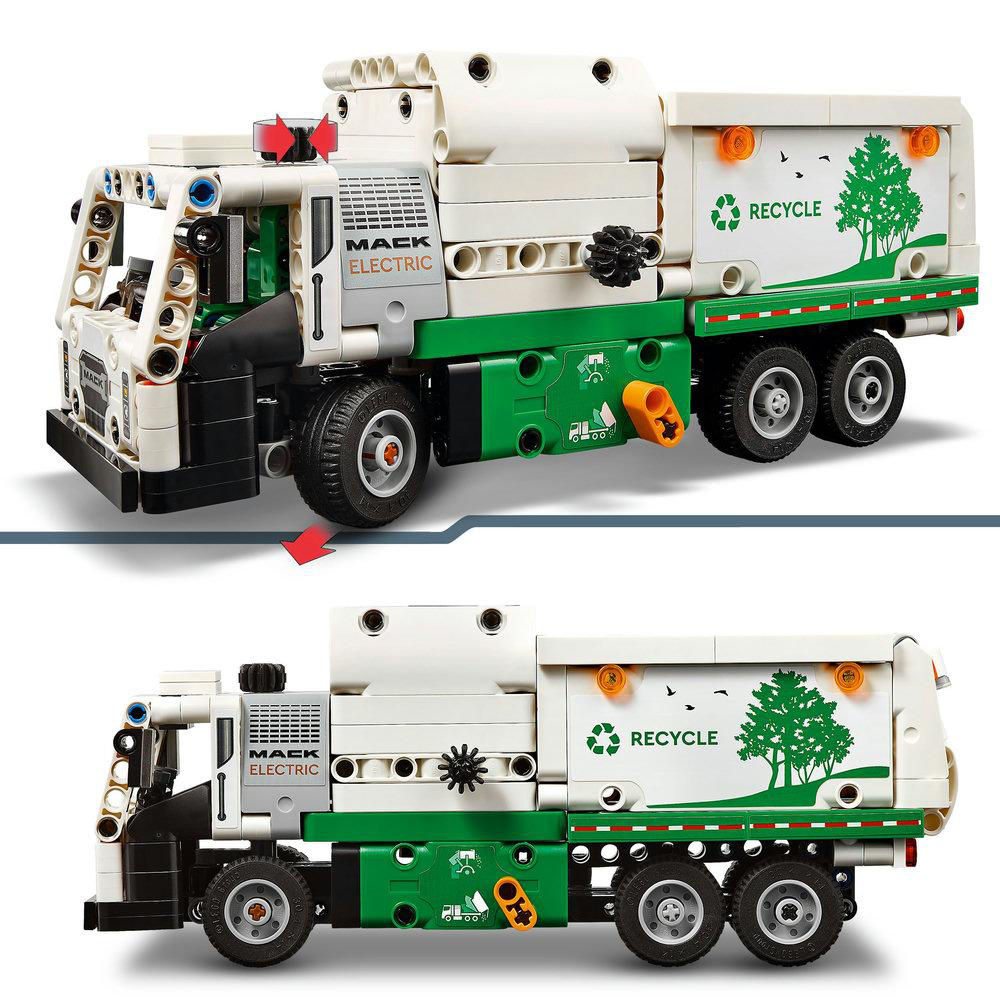 Weißes und grünes Mack Truck Lego-Set. Zwei Ansichten, oben und unten, mit Recycling-Logos.