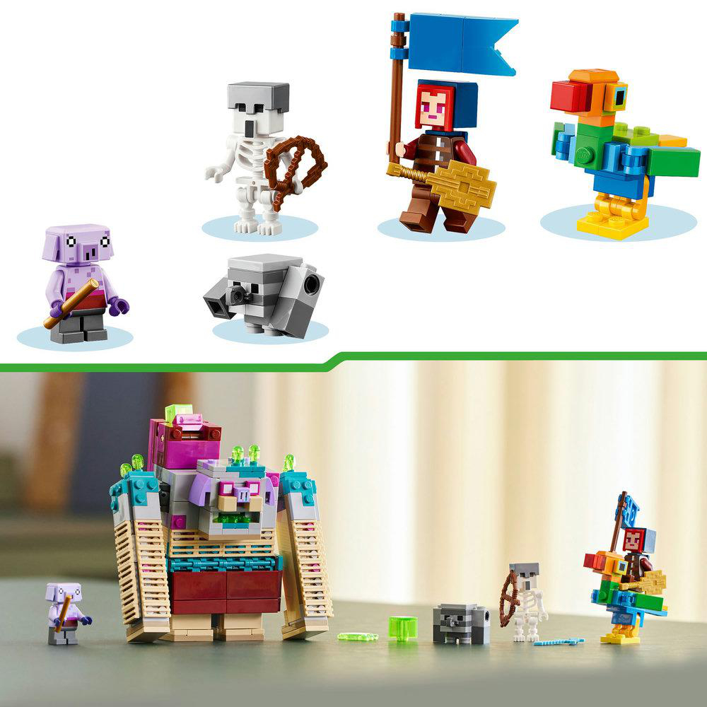 Verschiedene Minecraft-Spielfiguren werden angezeigt, darunter Charaktere und eine große Struktur.