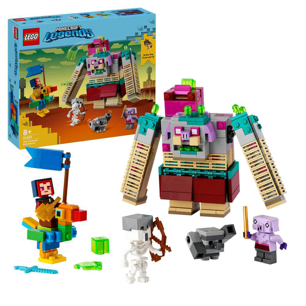 Lego Minecraft Legends-Set mit einer großen Struktur, Minifiguren und einer Box.