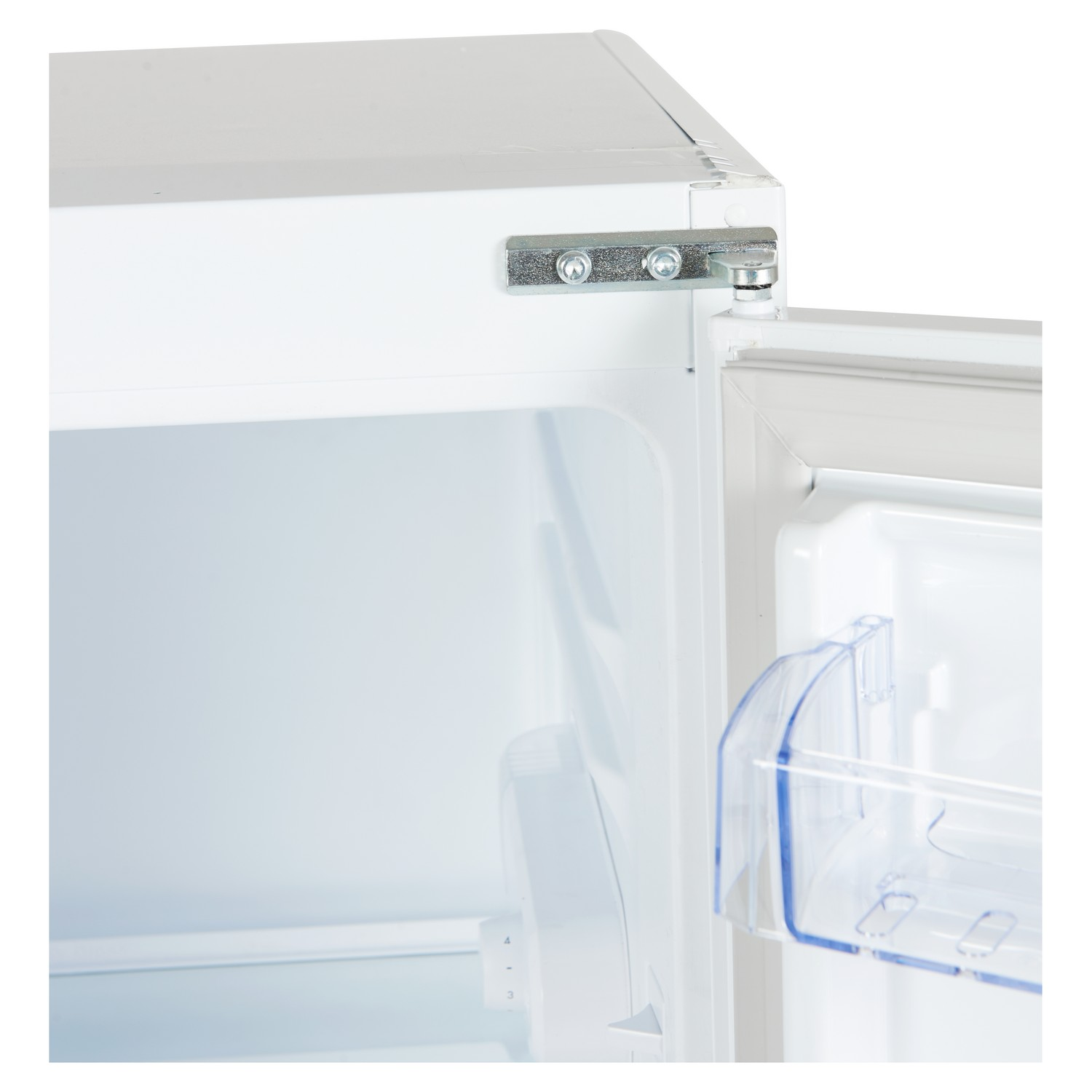 The inside of a white refrigerator with shelves and a clear door shelf.
