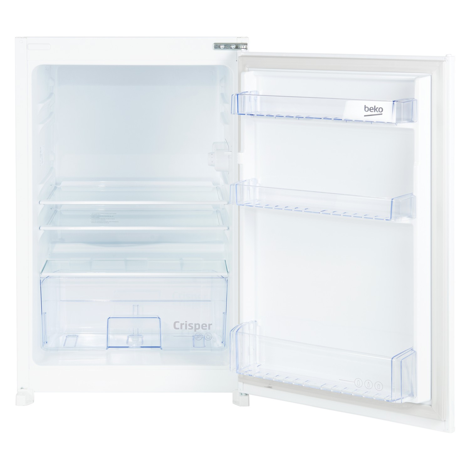 An open white refrigerator with shelves, drawers, and the door open, showing its interior.