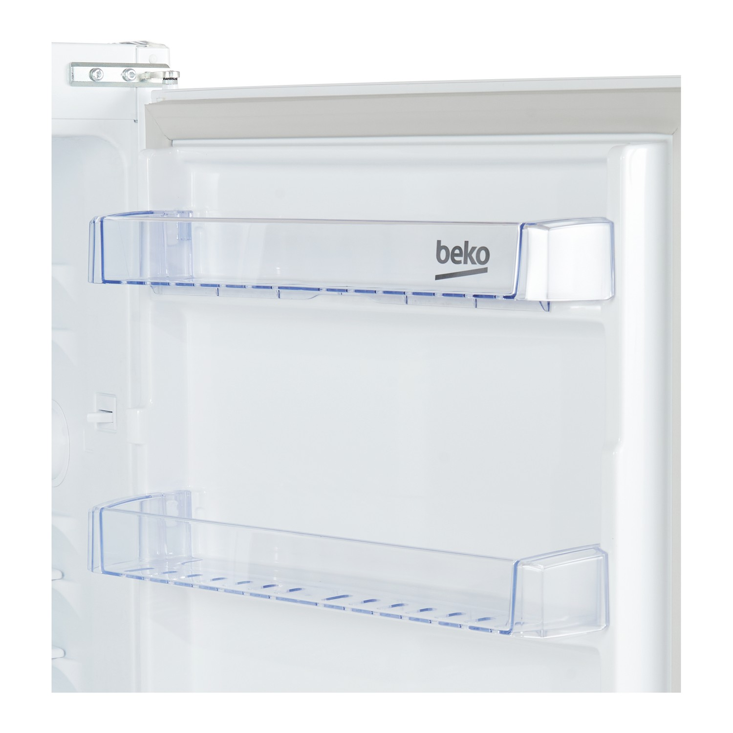Inside a white refrigerator, two clear shelves with the 'beko' logo are visible.