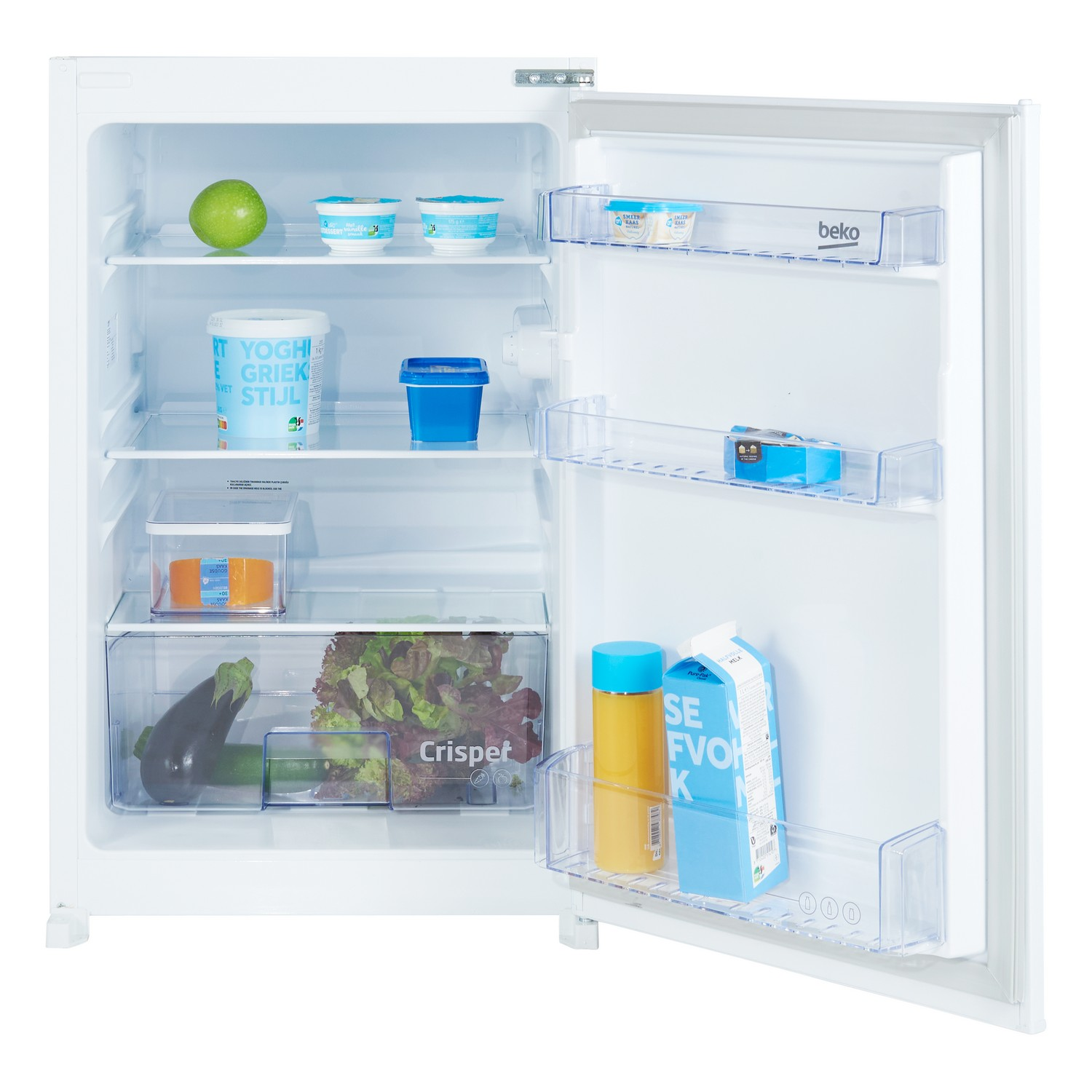 Open refrigerator with shelves of food, including yogurt, produce, and drinks.