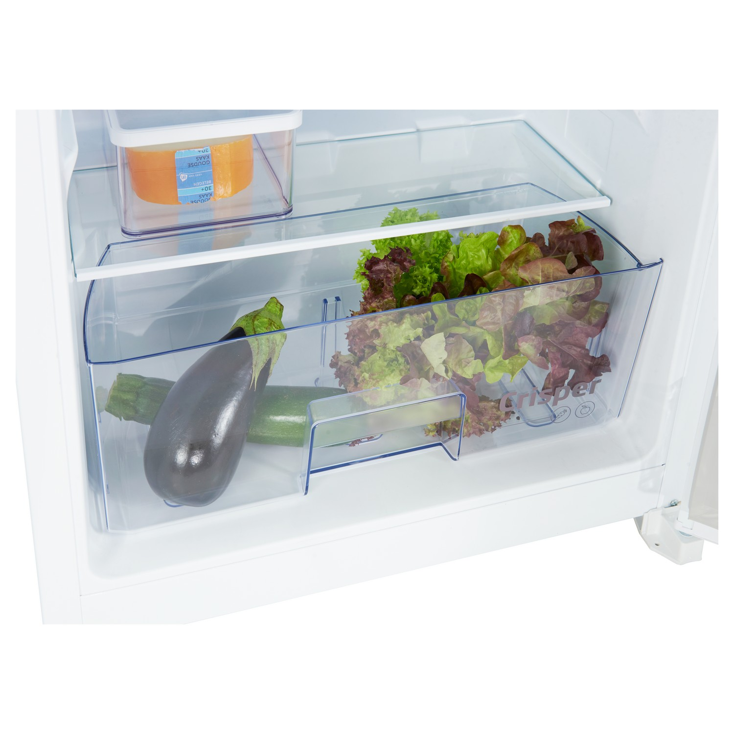 Refrigerator interior with vegetables in a crisper drawer. Includes zucchini, eggplant, and lettuce.