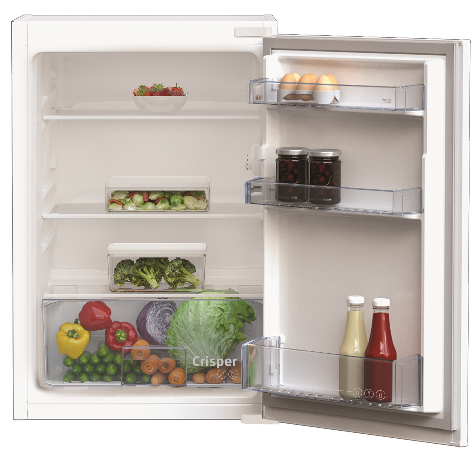 Open white refrigerator with produce. Contains vegetables, fruits, and condiments.