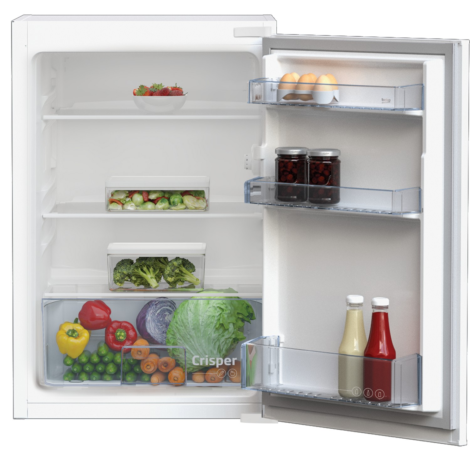 Opened white refrigerator. Inside: vegetables, fruits, jars, bottles, and shelves.