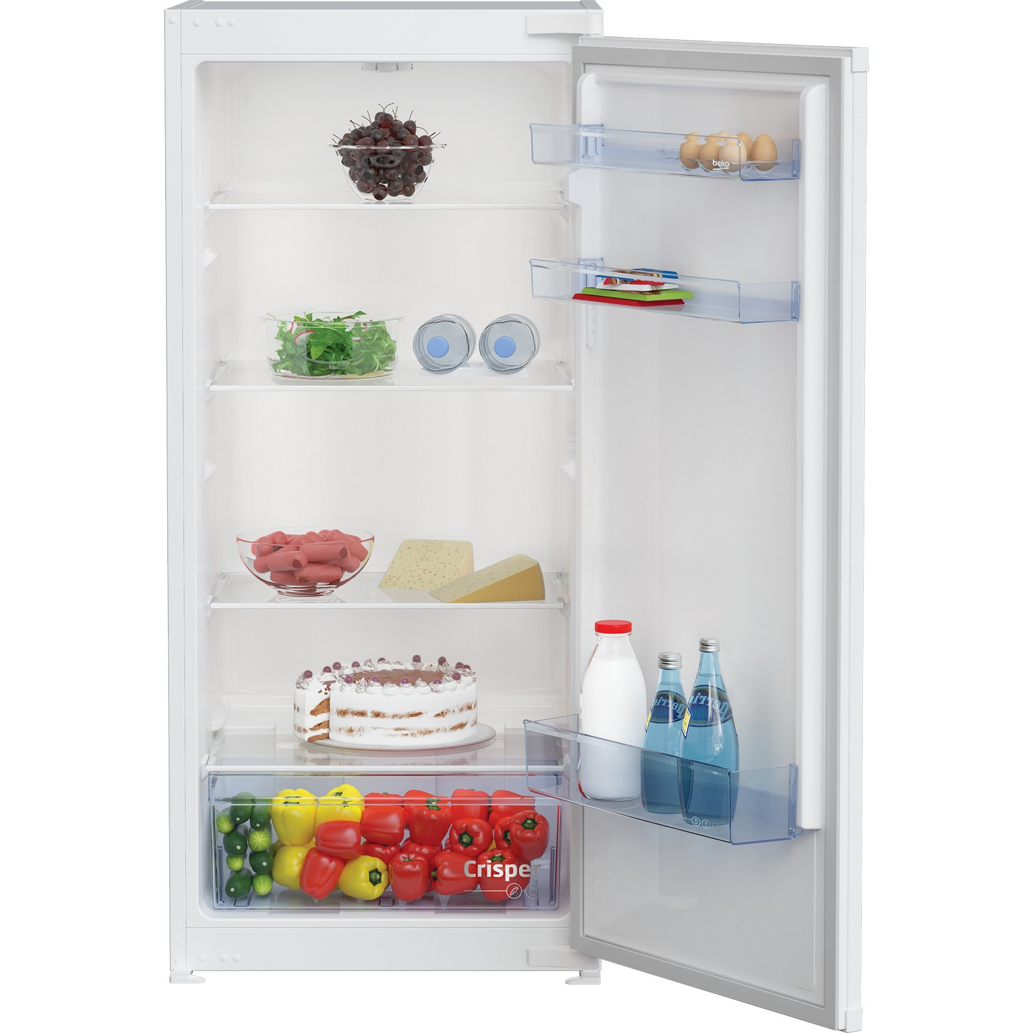 Open white refrigerator with food inside. Contains cherries, lettuce, eggs, cake, cheese, milk, and bottles.