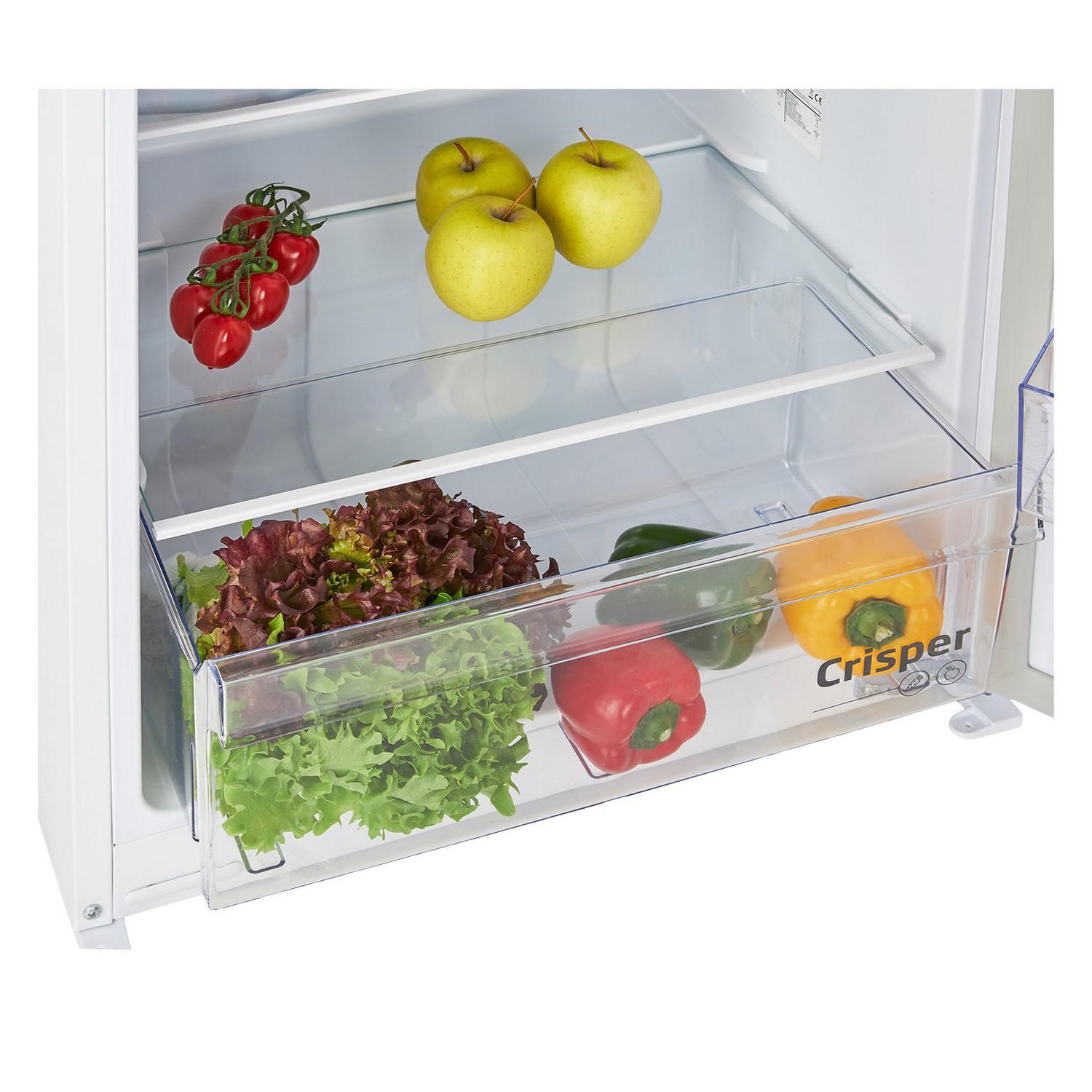 A fridge interior with vegetables in a crisper drawer and apples on a shelf.