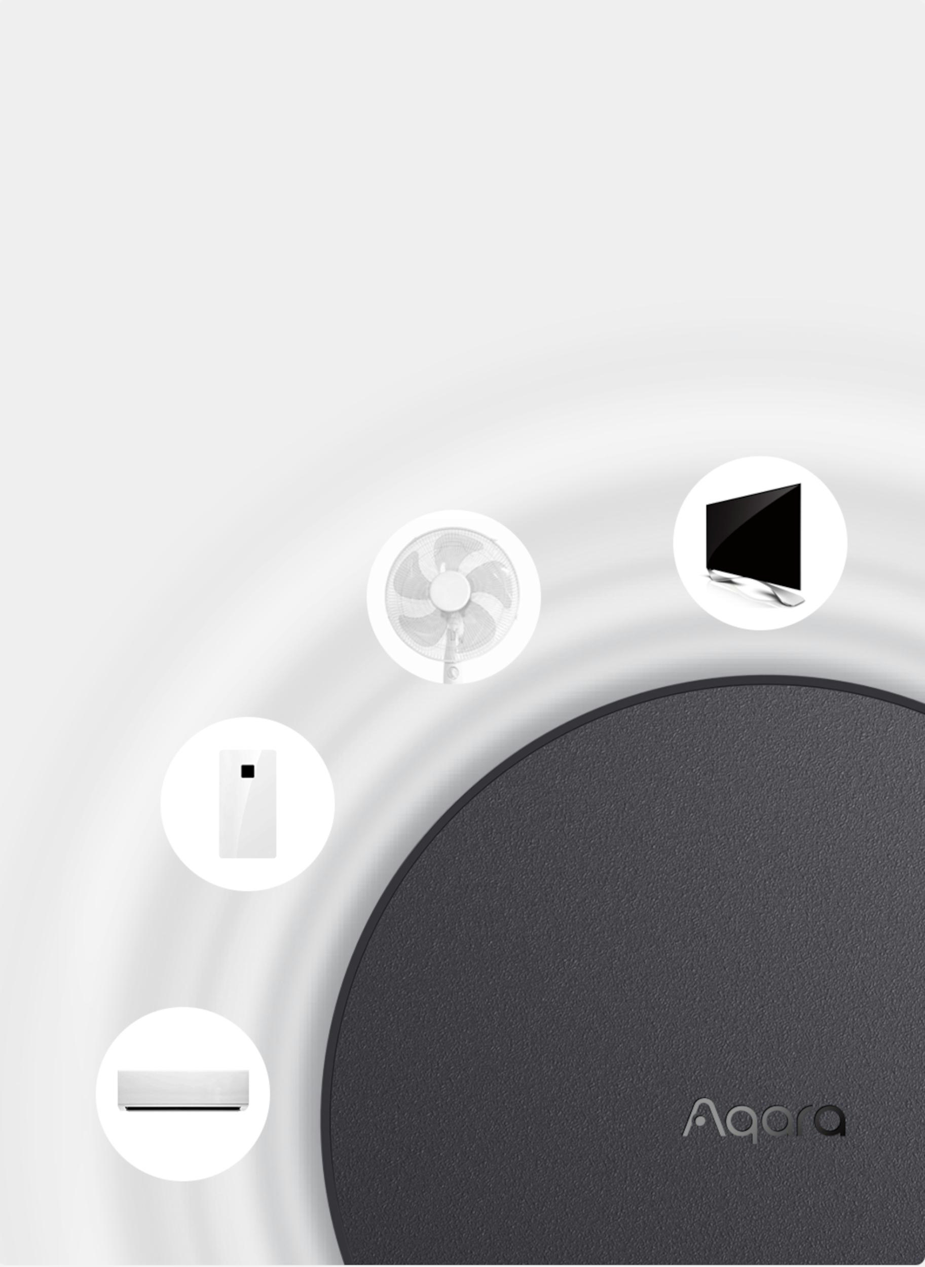 Ein Gerät mit kreisförmigem Design, mit Symbolen von Geräten und dem Aqara-Logo.