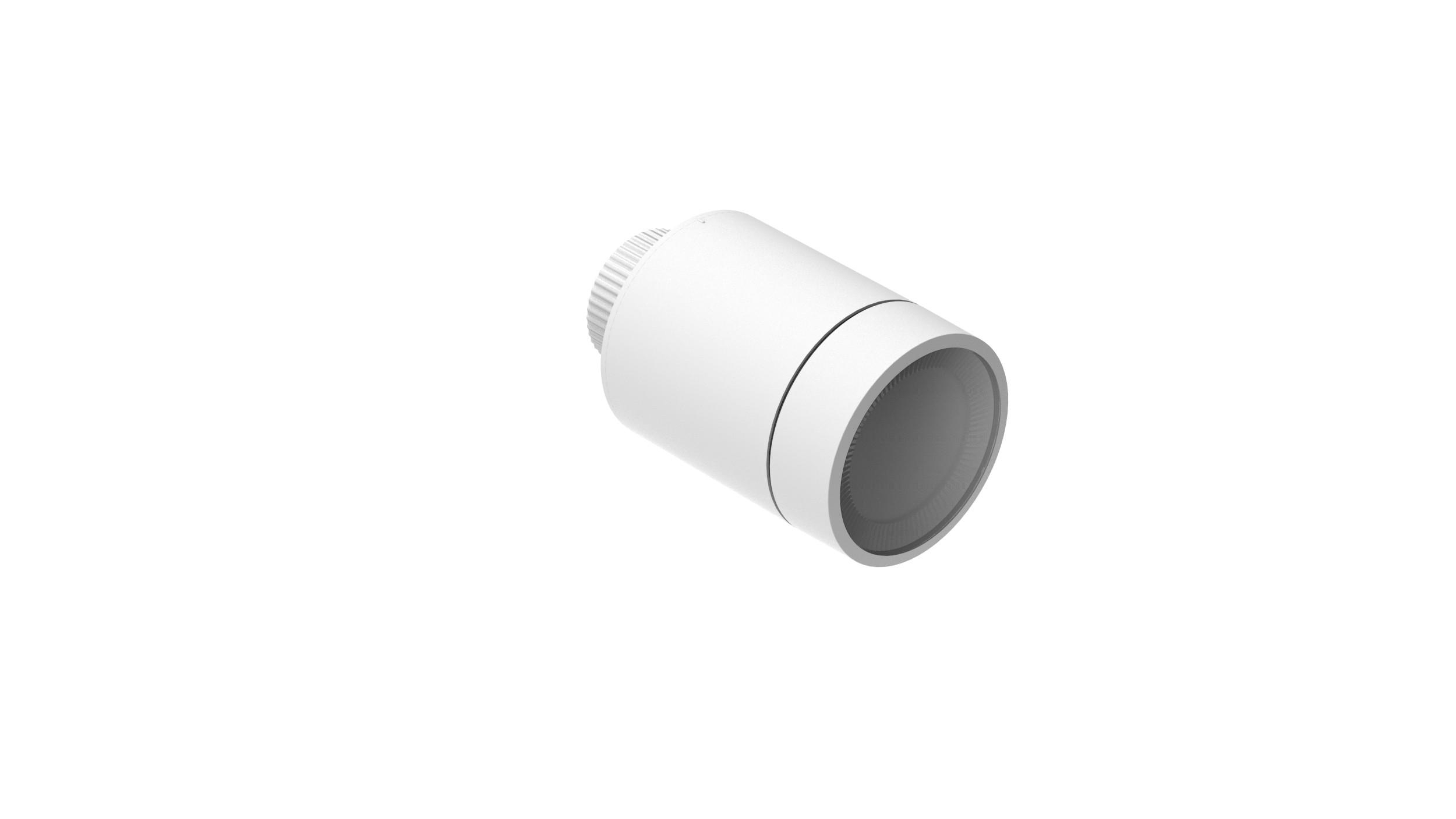 Weißer, zylindrischer Thermostat. Schräge Ansicht, vor weißem Hintergrund platziert.