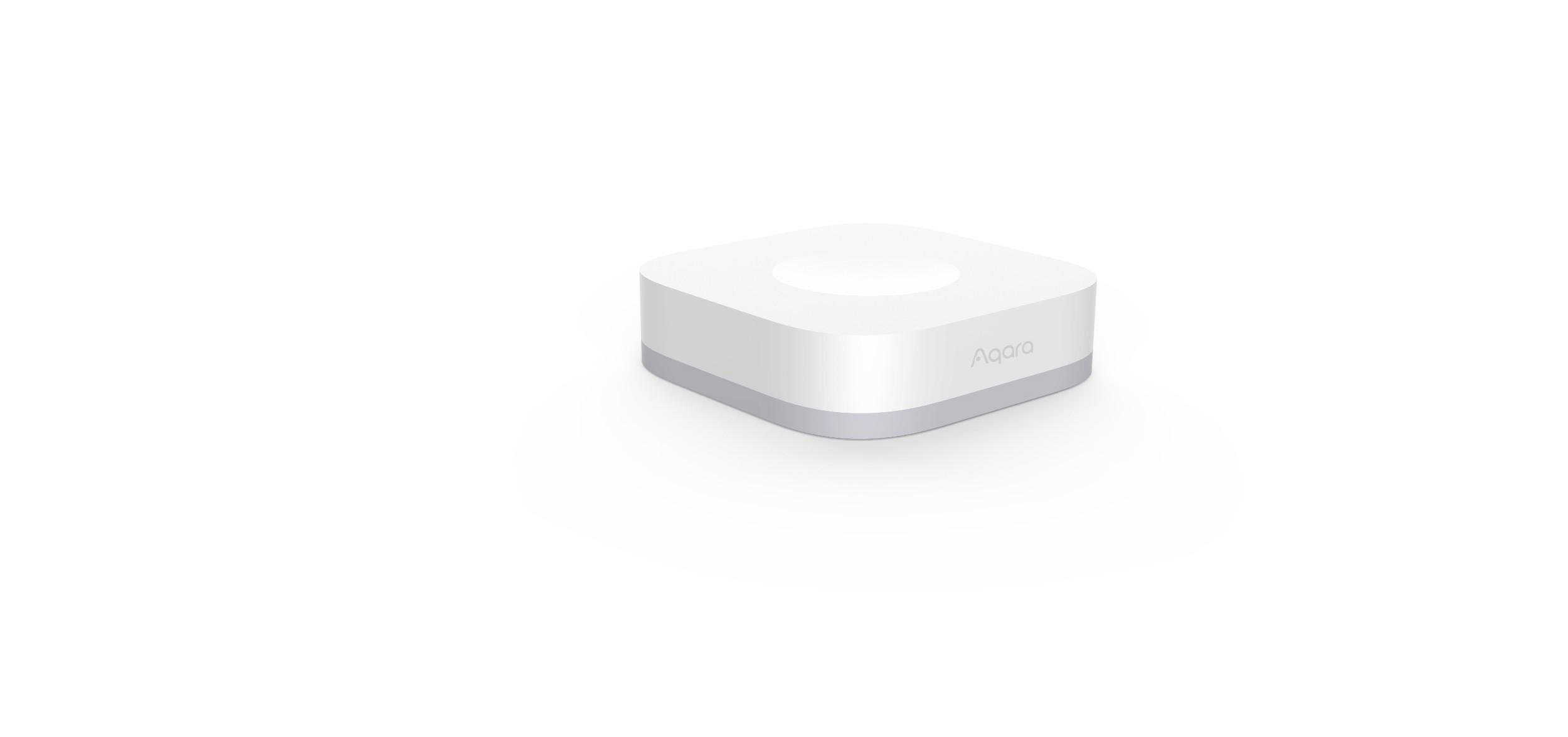 Ein weißer, quadratischer Aqara Smart Home Hub auf weißem Hintergrund.
