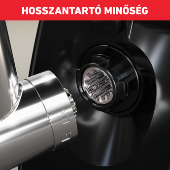 Egy konyhai készülék közeli képe, fém alkatrésszel, fekete testhez csatlakoztatva. Piros felirat.
