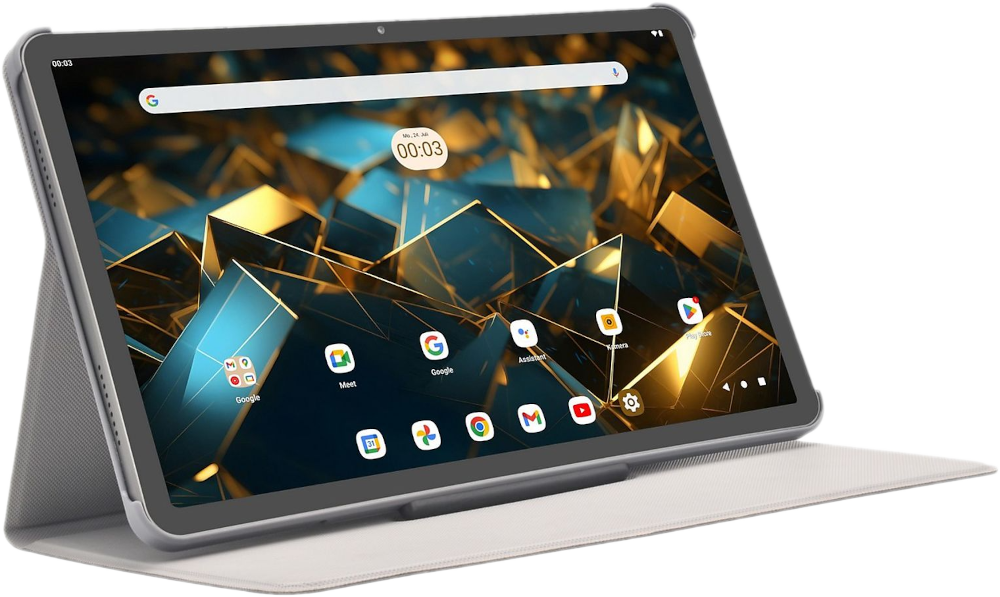 Een tablet met een hoes, met een startscherm met app-pictogrammen. Zwarte achtergrond.