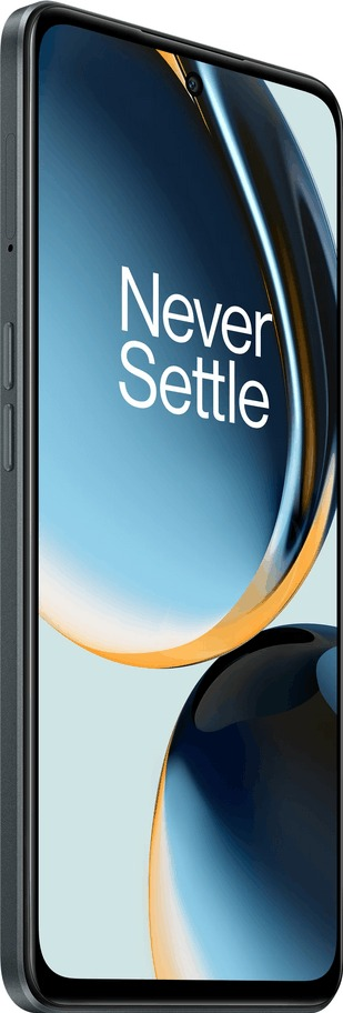 A grey phone with the words Never Settle on the screen. It has a camera and curved edges.