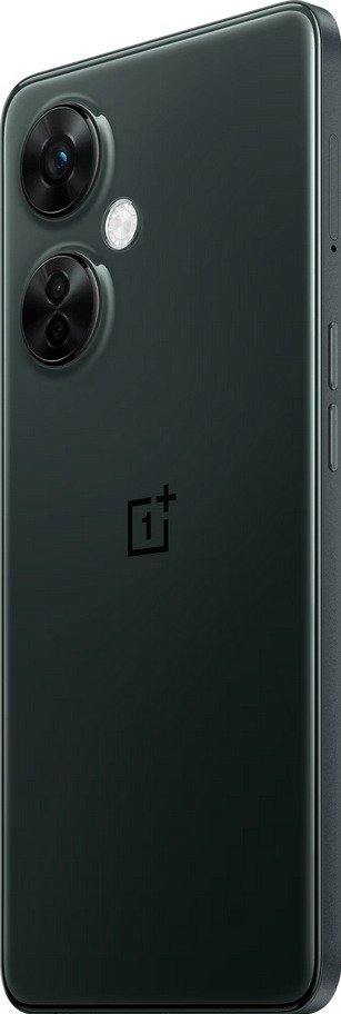 Dark green smartphone, angled view, showing rear cameras, flash, and the OnePlus logo.
