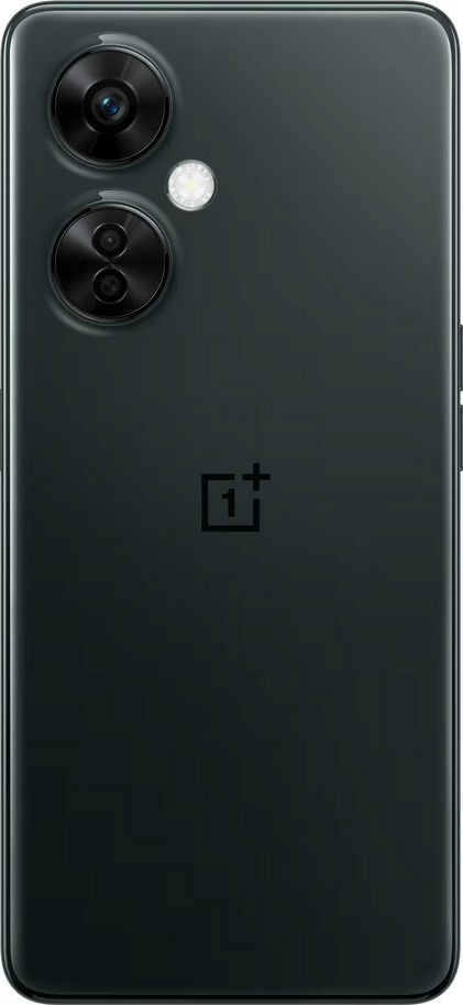 Back view of a dark green smartphone with two cameras.