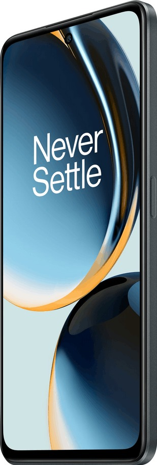 A black smartphone from a side angle. The screen displays the words "Never Settle".