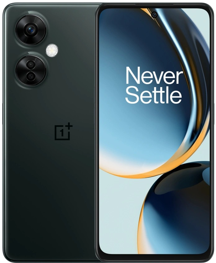 Smartphone. Green back with cameras, black screen with 'Never Settle'.