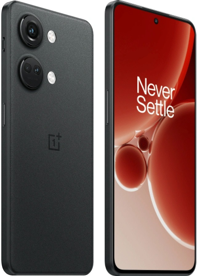 Een zwarte OnePlus telefoon met twee camera's en een scherm met een rode achtergrond met witte tekst: Never Settle.