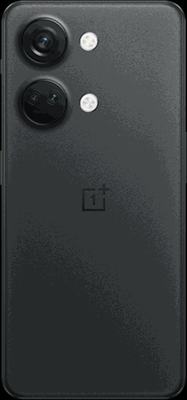 Een zwarte smartphone met drie camera's op de achterkant. OnePlus-logo.