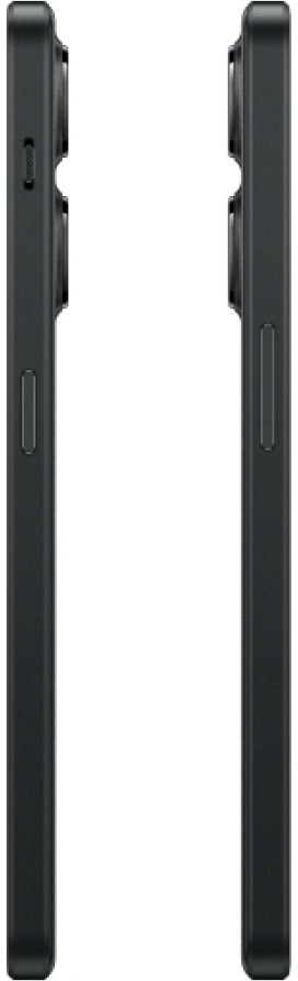 Twee zijaanzichten van een zwarte smartphone. Beide zijden tonen knoppen en camerabulten.