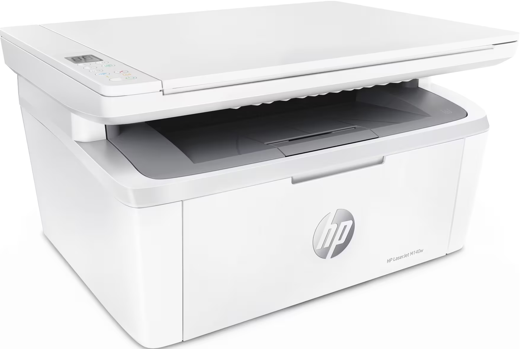 Ein weißer HP-Laserdrucker mit geöffnetem Deckel.