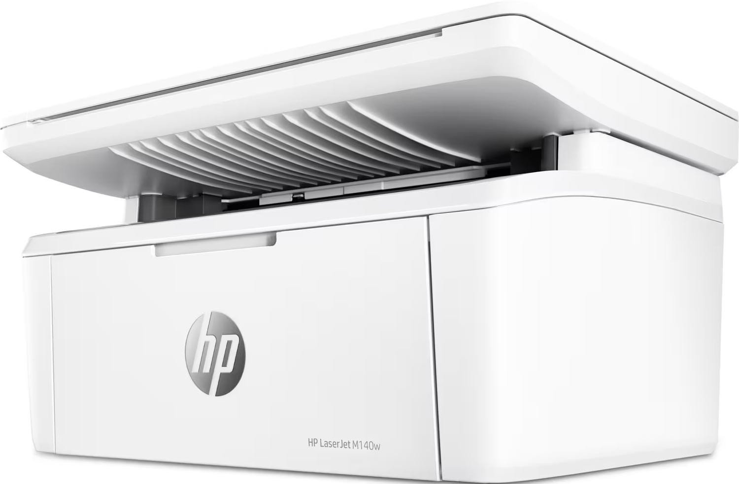 Weißer HP LaserJet M140w Drucker. Oberseite offen, Innenansicht. Weißes, sauberes Design.