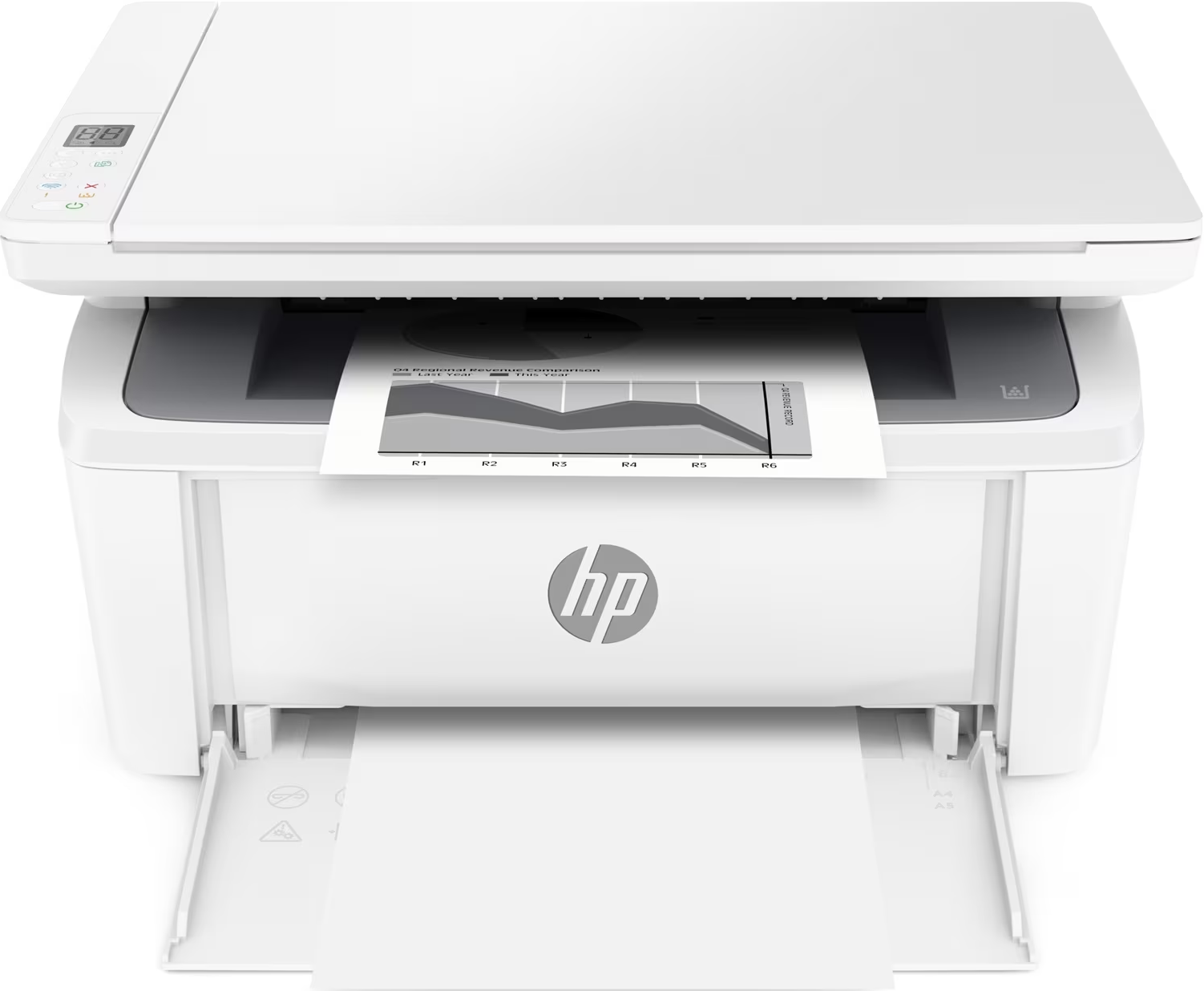 Ein weißer HP-Drucker mit einem gedruckten Diagramm. Das Papierfach ist geöffnet. HP-Logo ist sichtbar. Der Drucker hat eine Digitalanzeige.