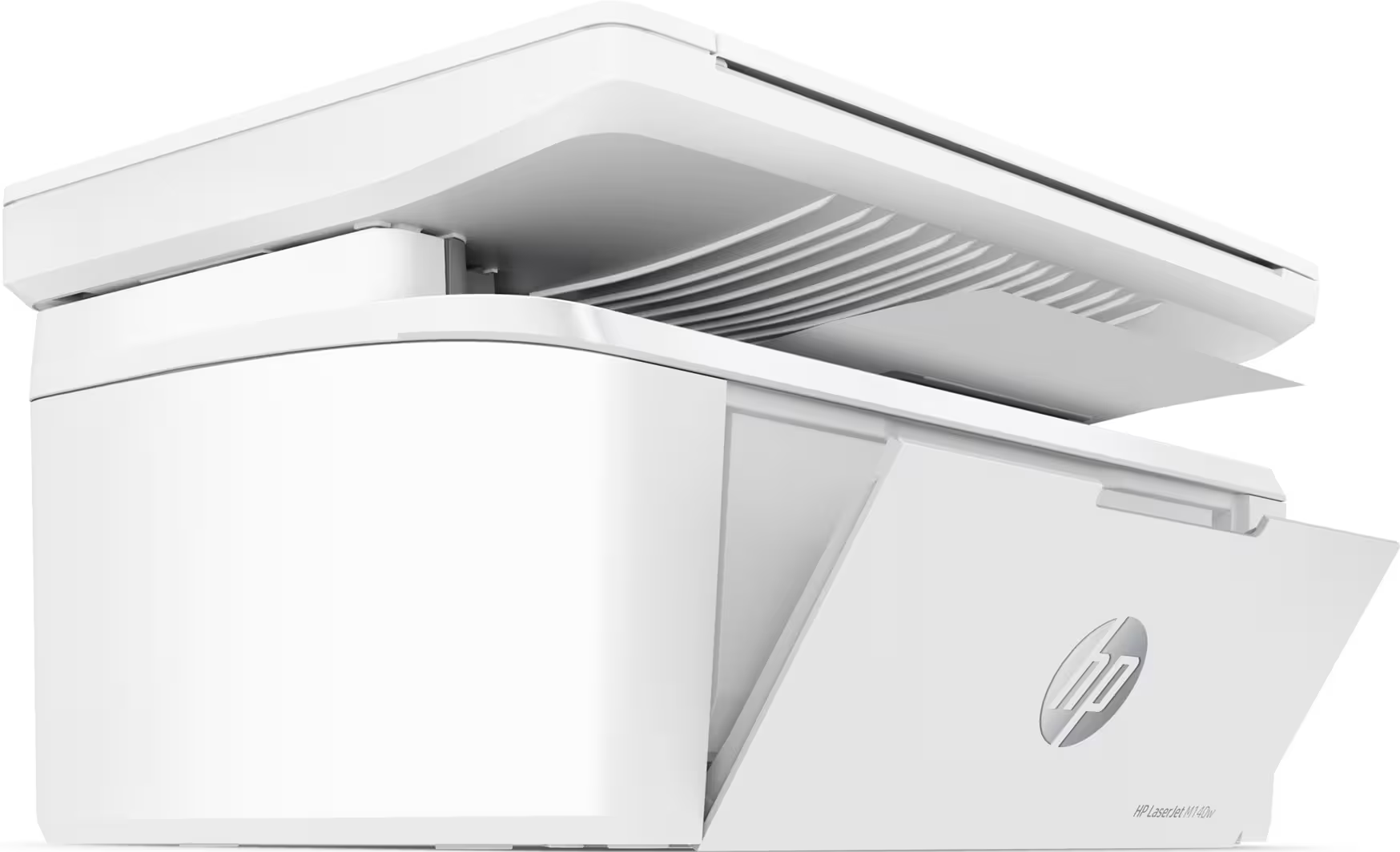 Weißer HP-Drucker mit offenem Papierfach und Tür. HP-Logo sichtbar.