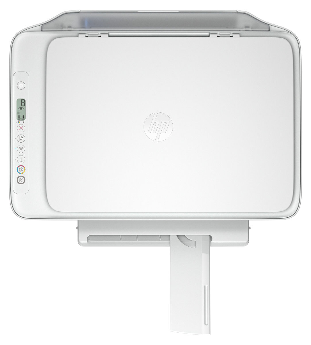 Biała drukarka z wysuniętą tacą na papier, widok z góry. Widoczny jest wyświetlacz cyfrowy.