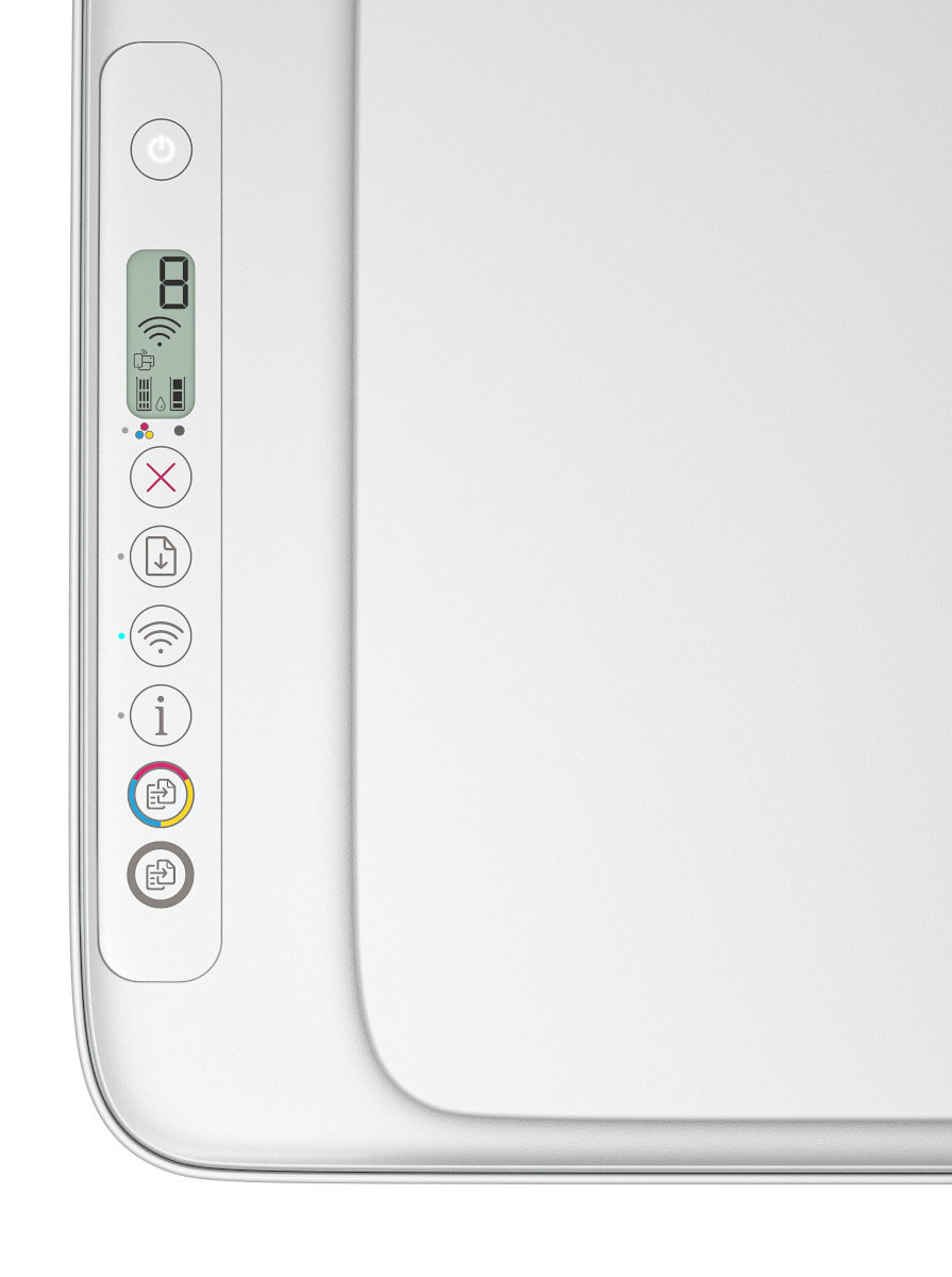 Zbliżenie białej drukarki z przyciskami sterującymi. Posiada cyfrowy wyświetlacz i wiele ikon.