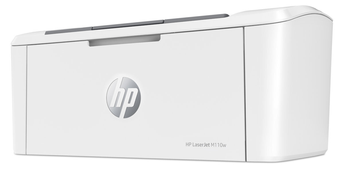 Biała drukarka HP LaserJet. Logo HP z przodu. Model to M110w.