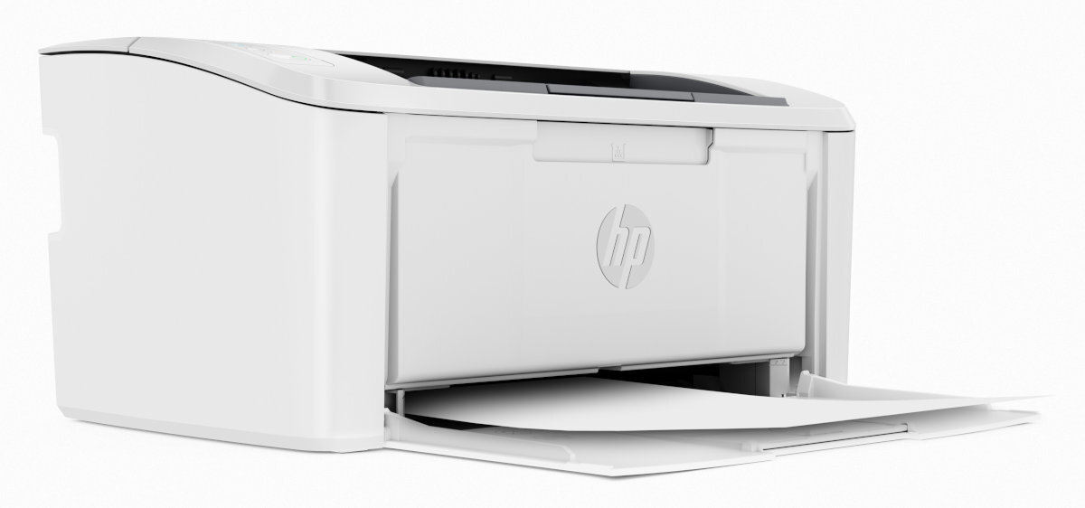 Biała drukarka HP z otwartą szufladą na papier i kartką papieru w środku.