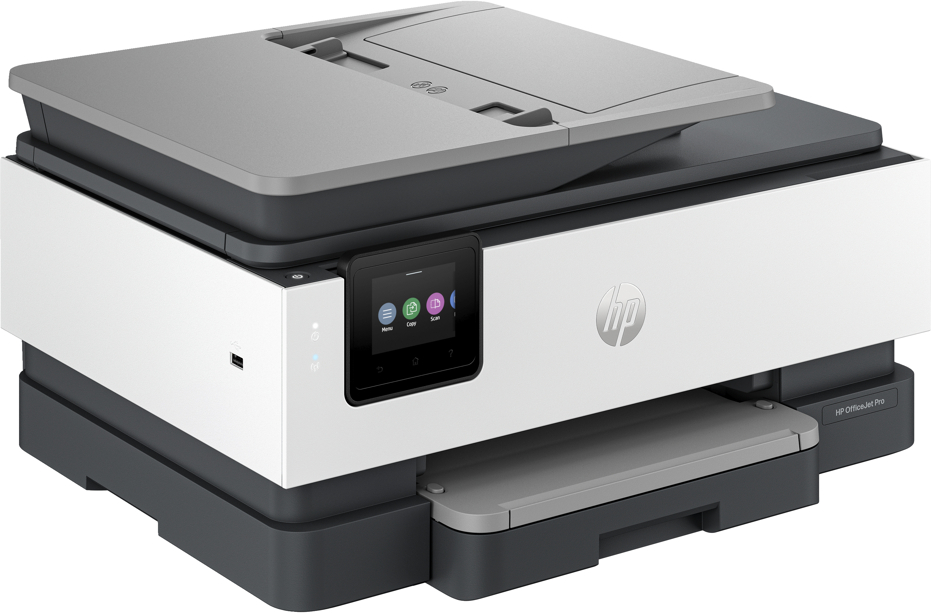 Ein weißer und grauer HP OfficeJet Pro Drucker, schräge Ansicht. Ein Touchscreen und Papierfach sind sichtbar.
