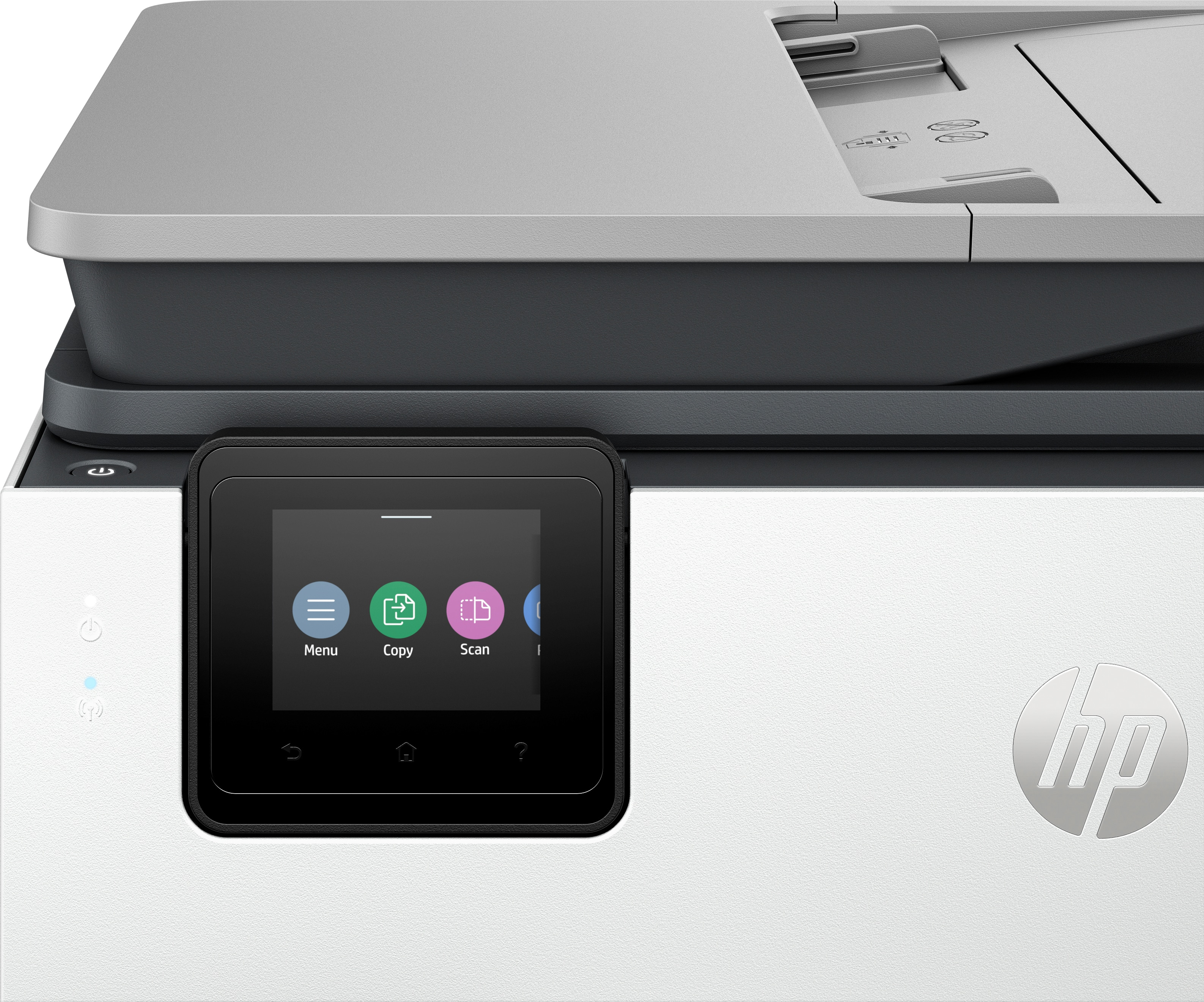 Weißer und grauer HP-Drucker mit Bildschirm, der Menü-, Kopier- und Scan-Symbole zeigt.
