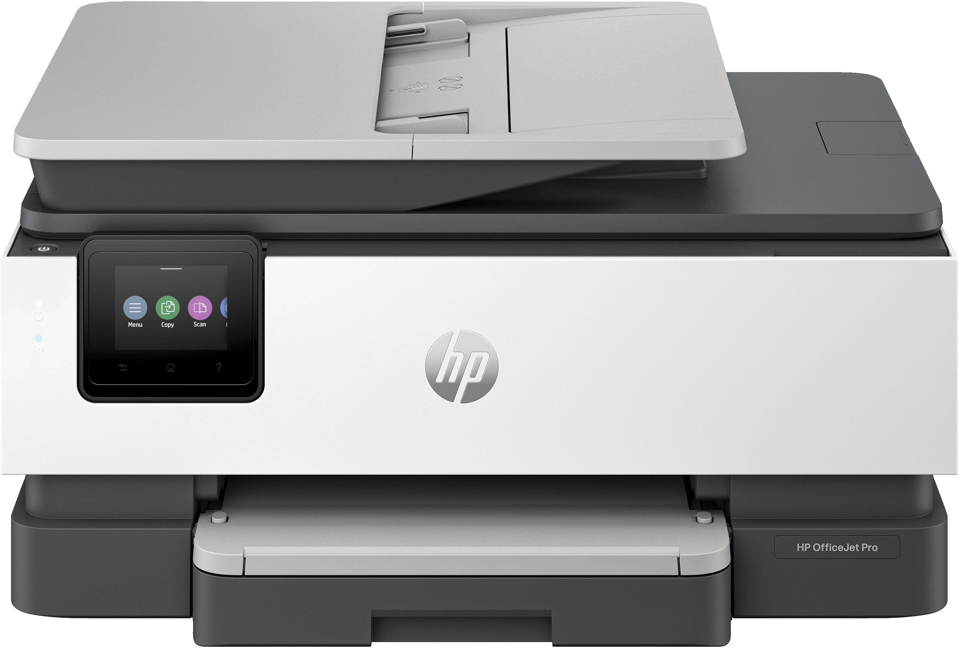 Weißer und grauer HP OfficeJet Pro Drucker mit Touchscreen. Das Papierfach ist offen.