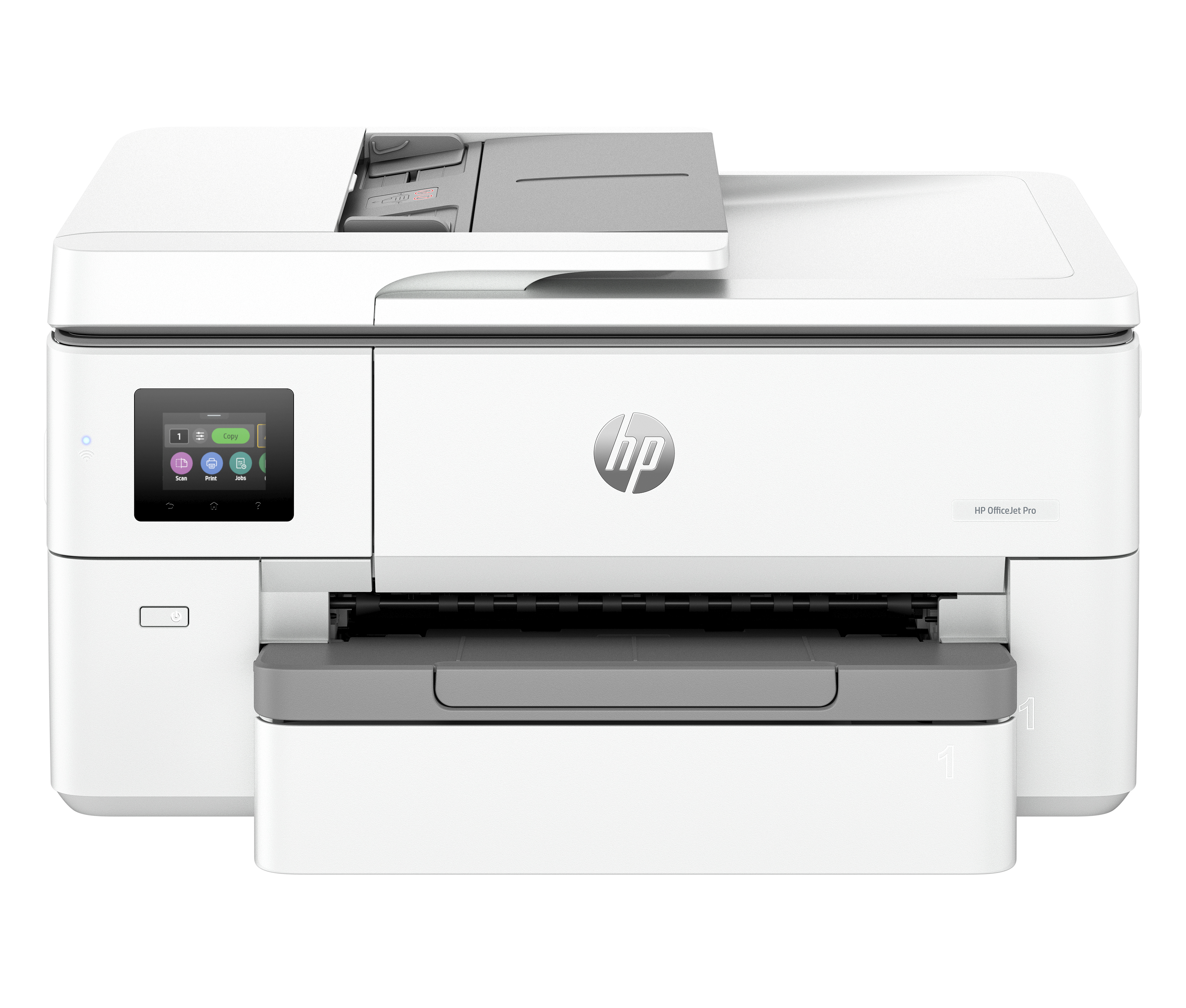 Weißer HP OfficeJet Pro Drucker, Bedienfeld und Papierfach zeigend, isoliert auf Weiß.