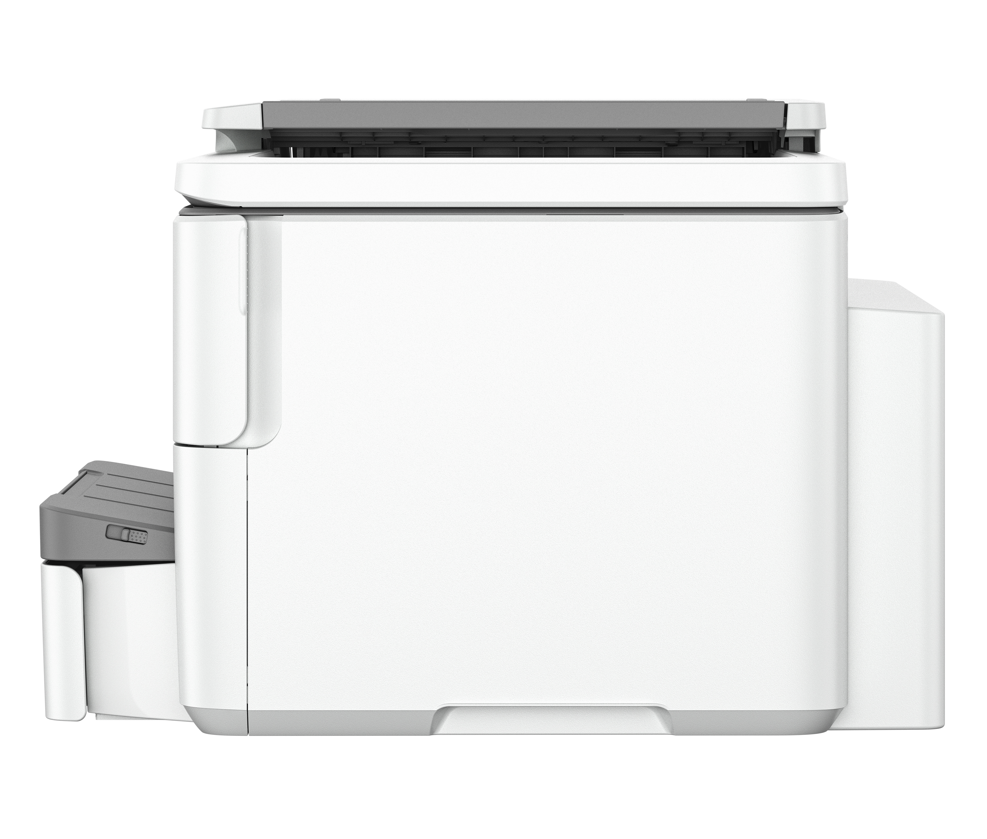 Ein weißer Drucker mit grauem Deckel und einem kleinen grauen Fach links.