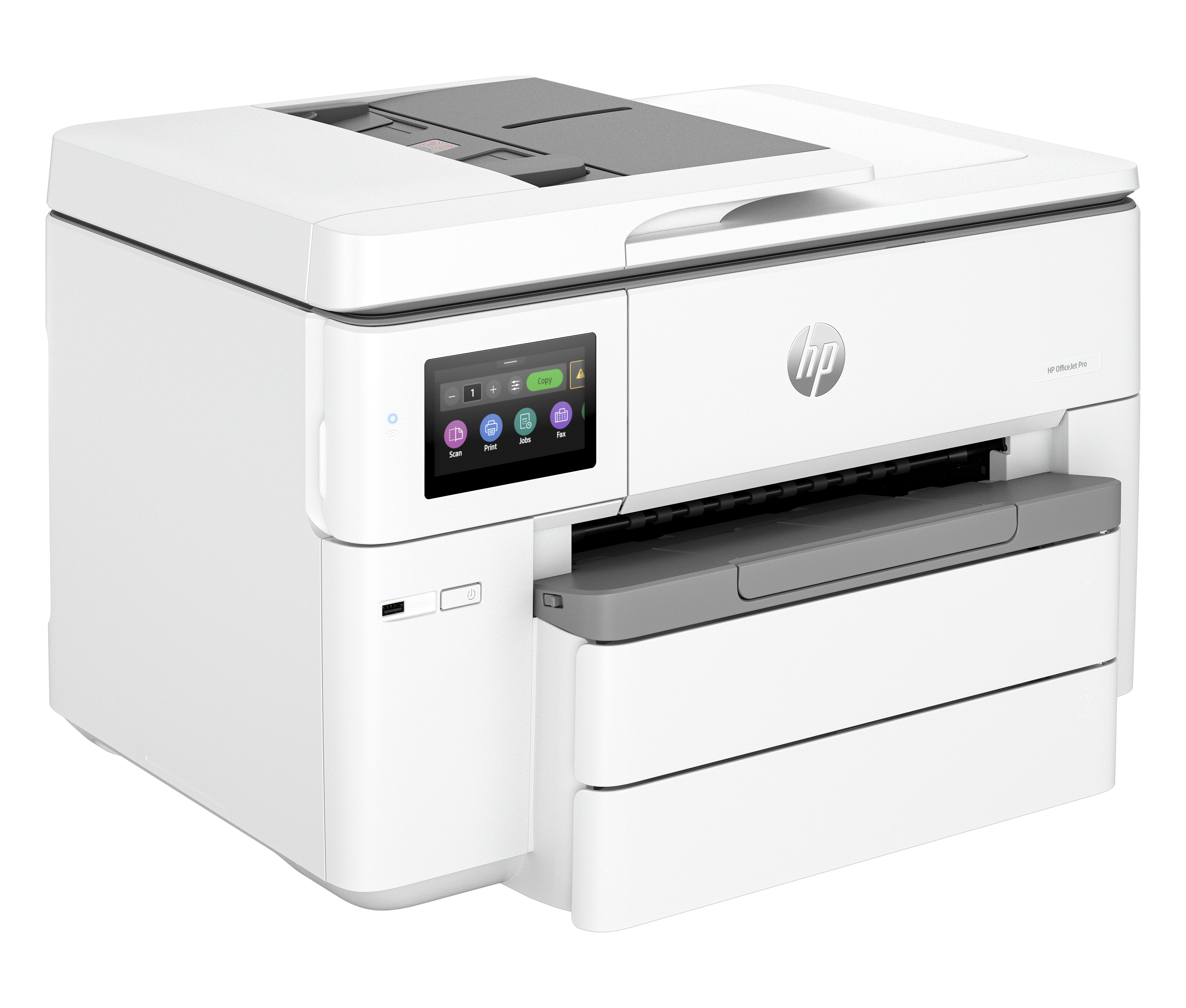 Weißer HP-Drucker mit Touchscreen und Papierfächern. Das HP-Logo ist sichtbar.