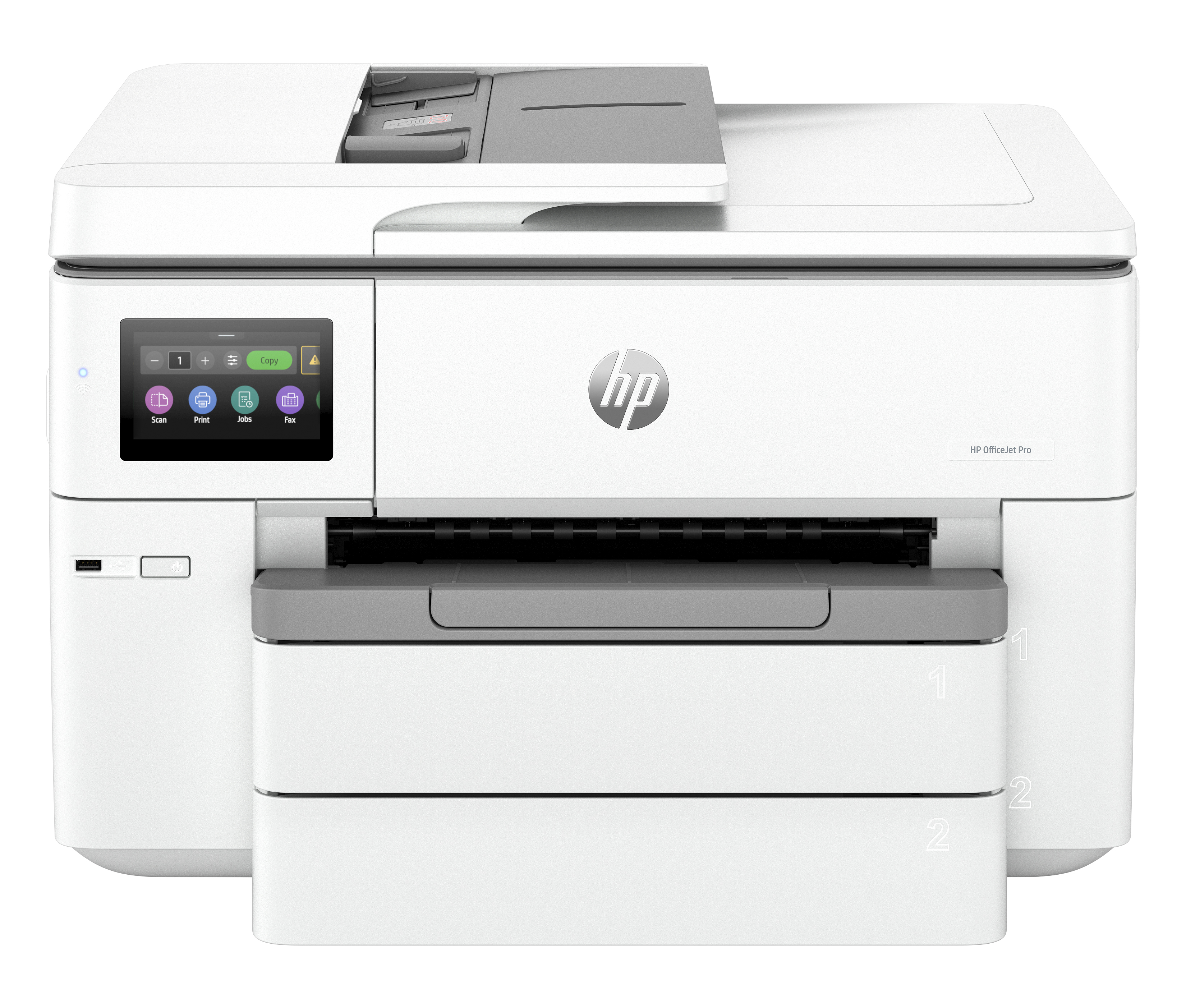 Weißer HP OfficeJet Pro Drucker. Verfügt über einen Touchscreen, Papierfächer und graue Akzente.