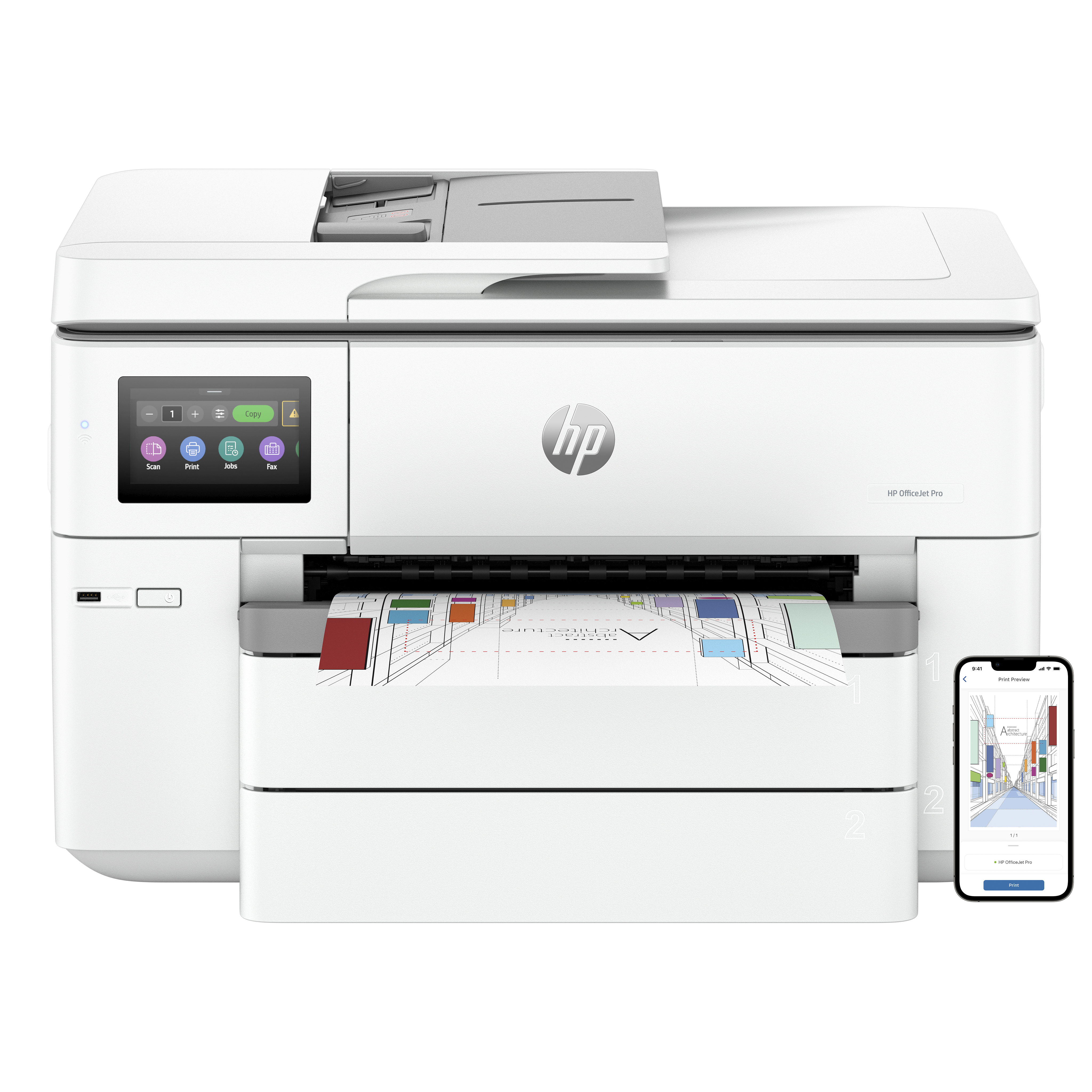 Ein weißer HP OfficeJet Pro Drucker mit Touchscreen und ein Smartphone mit App-Oberfläche.