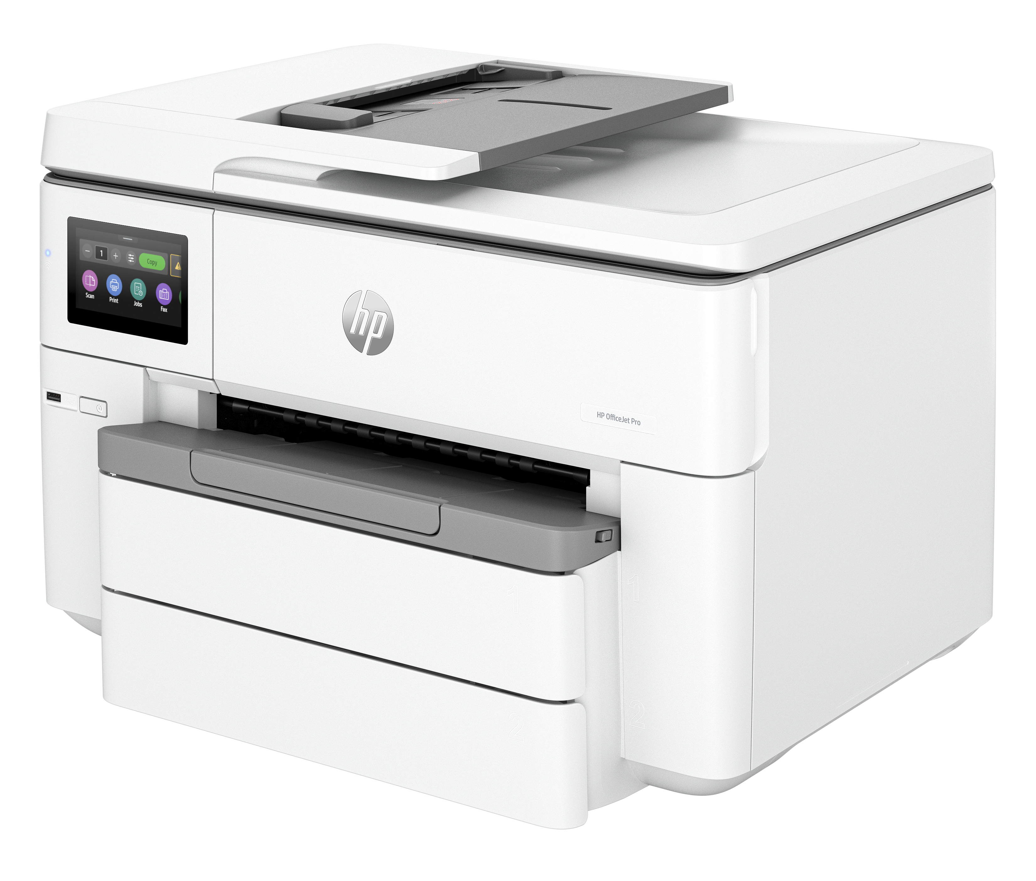 Weißer Drucker mit Touchscreen und Papiereinzug. Das HP-Logo ist auf der Vorderseite sichtbar.
