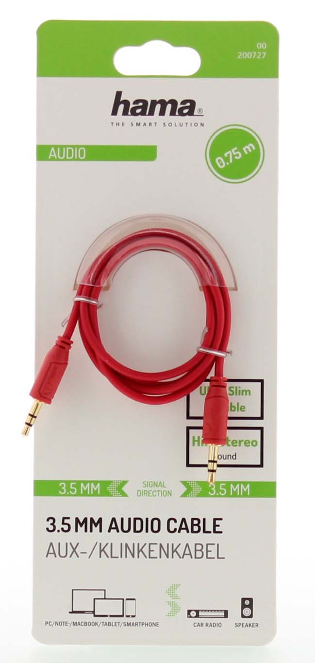 Pakette kırmızı 3,5 mm'lik ses kablosu, metin ve bir telefon resmi.