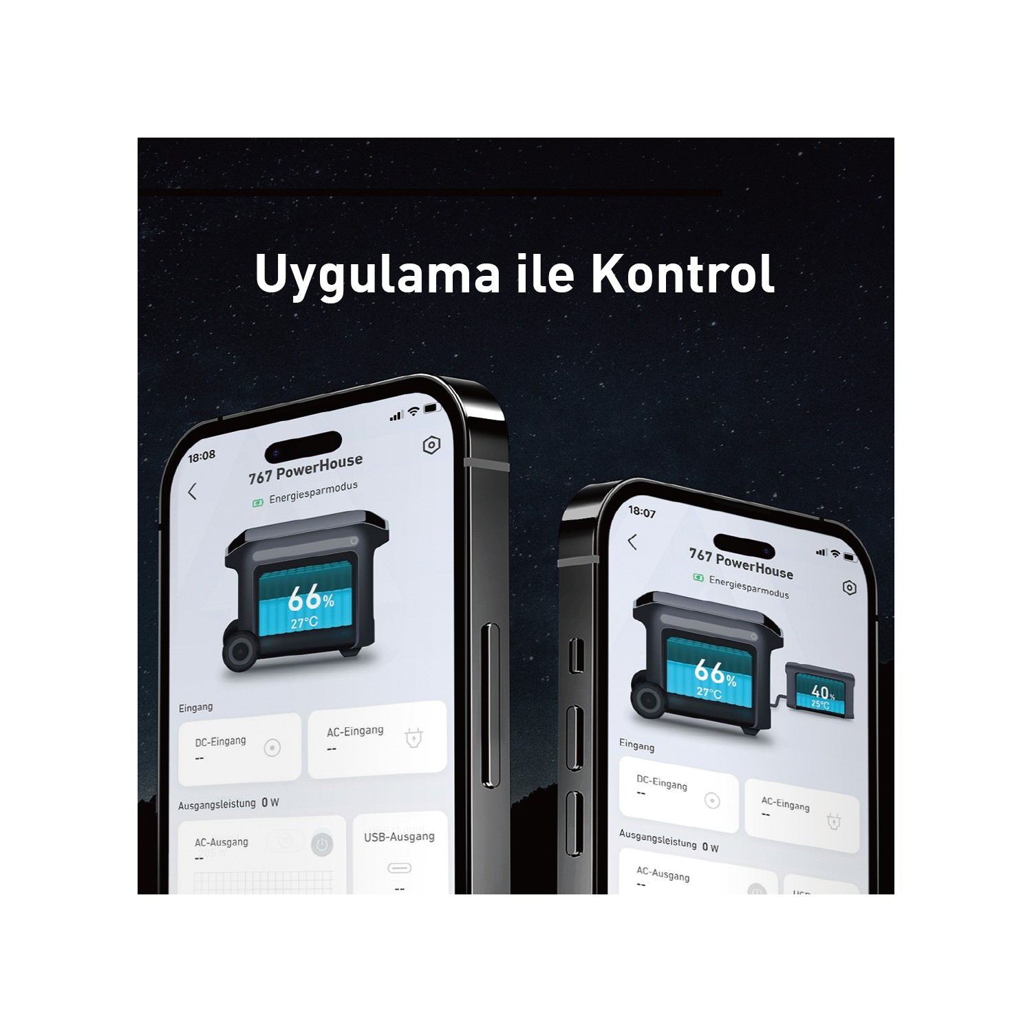 İki akıllı telefon, 767 PowerHouse uygulaması arayüzünü görüntülüyor.