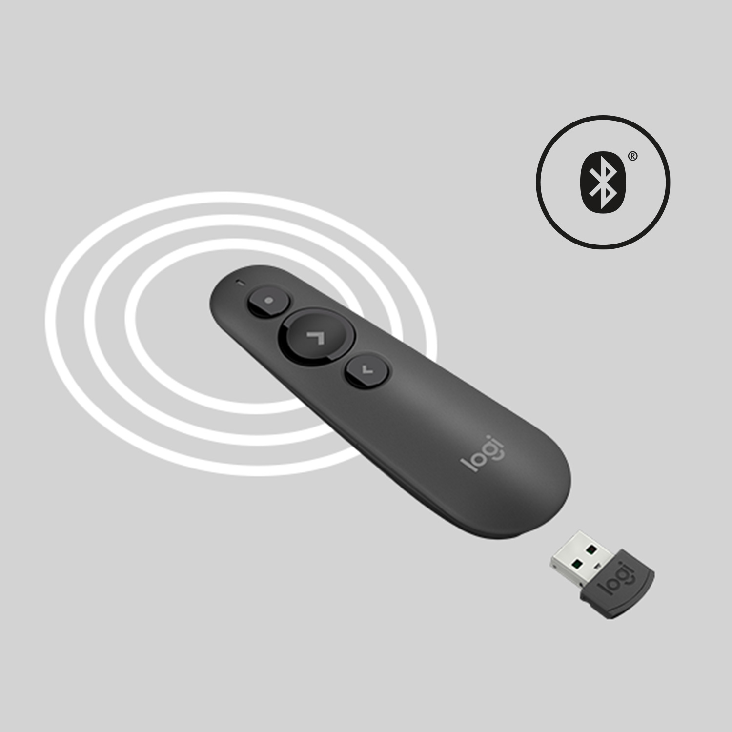 Siyah Logitech sunucu. Düğmeler ve Bluetooth sembolü bulunur. Bir USB alıcısı.